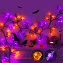 9FT 72 LED Halloween Garland with Lights Lighted Black Willow Vine Decorations with 12 Pumpkin & 12 Bat Light, 8 Modes Battery Operated Halloween Lights Indoor Spooky Decor for Fireplace Mantel Wall
