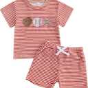Fuethsuy Baseball Toddler Baby Boy Girl Clothes Striped Short Sleeve T-shirt Tops Elastic Waist Shorts Set 2Pcs Summer Outfit (Red, 18-24 Months)