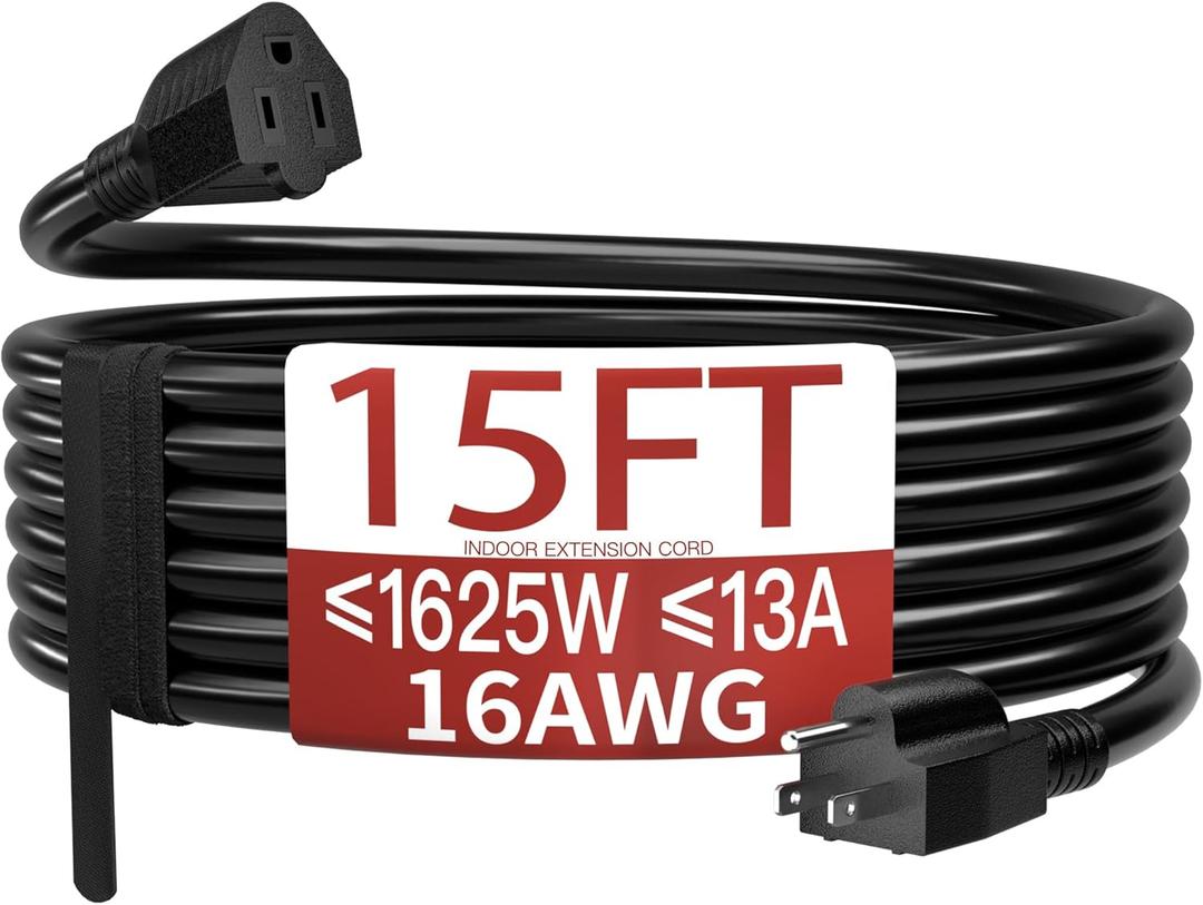 16/3 Indoor Extension Cord 15 FT, Black Extension Cord Flexible & Durable, 3 Prong Power Cable, Suitable for Home and Office, 13 Amp 1625 Watt 125VAC 16AWG, ETL Listed