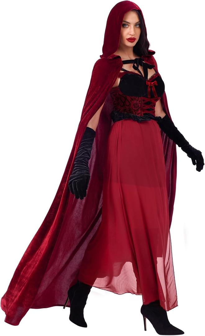 Spooktacular Creations Little Red Riding Hood Costume Women, Dark Red Velvet Dress Hooded Cloak for Fairy Halloween Parties, XL