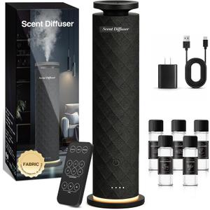 Waterless Scent Diffuser Starter Kit with 5 Oils, Luxury Hotel Style Cold Air Diffuser Oil Machine for Home, 1000 Sq Ft Coverage, Quiet Nebulizing Aromatherapy with Remote, Tower Fabric Design, Black