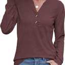 Women Button Down Henley Shirts V Neck Long Sleeve Fashion Dressy Casual Tops Trendy Blouses Loose Fit Tunic (L)