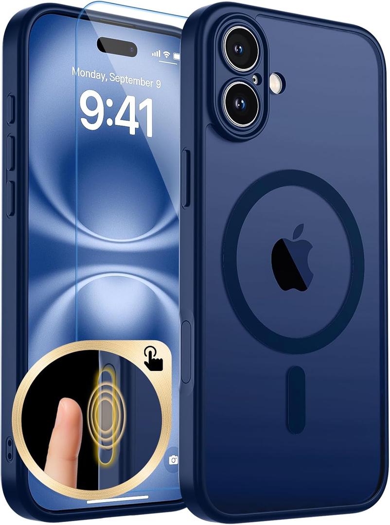 Magnetic for iPhone 16 Plus Case, Upgraded [Camera Control Button] [Full Camera Protection] [with 1 Screen Protector] Translucent Matte Shockproof Protective Phone Cover, Sapphire Blue