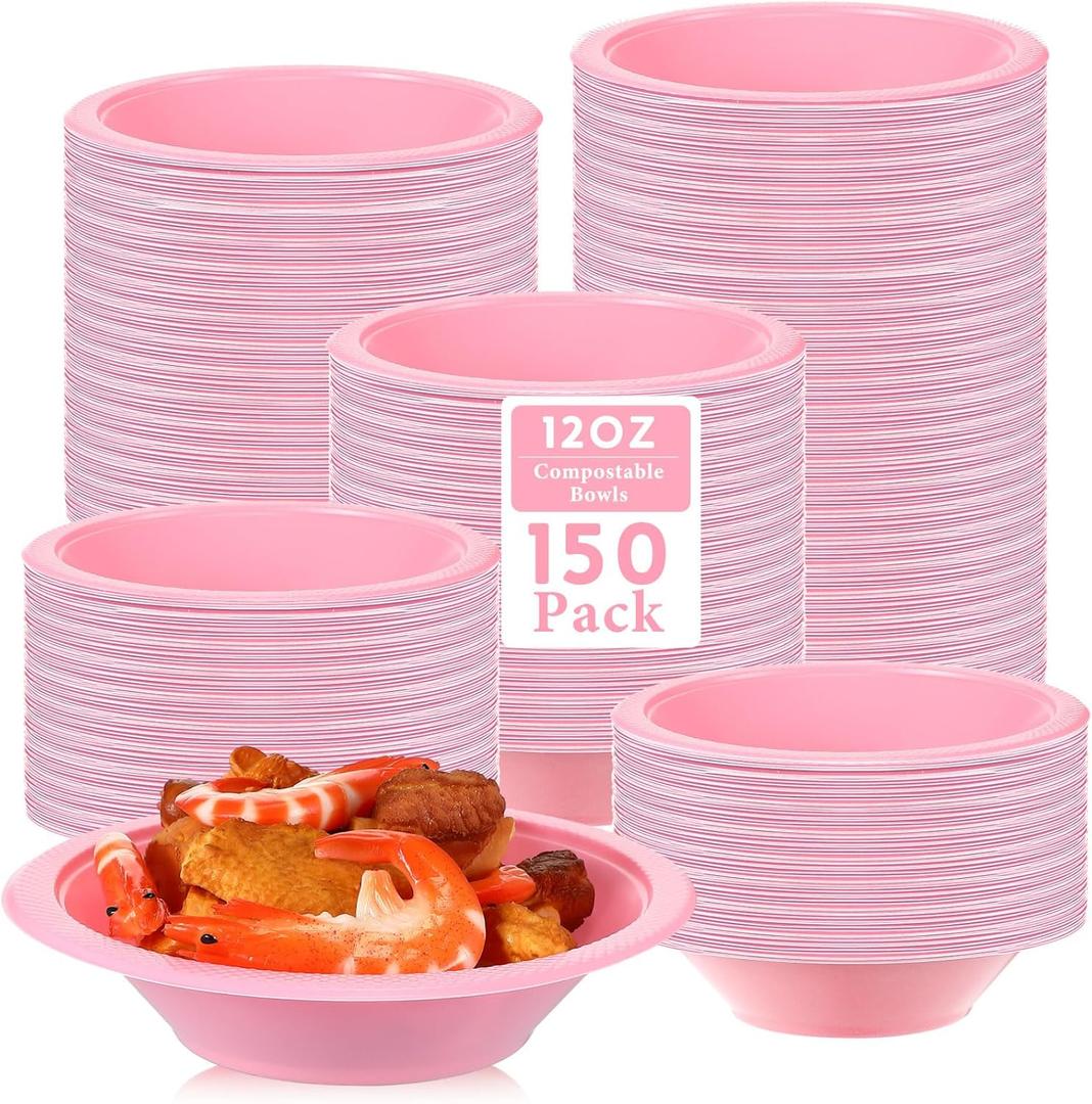 Mifoci 150 Pcs Plastic Bowls Disposable 12 oz Small Party Bowls for Serving Soup Snack Dessert Salad Food for Christmas Wedding Birthday Party Supplies, 7 Inch(Pink)