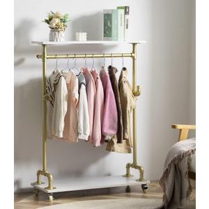 Child Clothing Rack, Kids Garment Rack Dress-up Closet, Rolling Pipe Open Clothes Rack with Storage Shelf, Industrial Wood Metal Clothes Organizer (two tiers one hanging rod kids garment rack)