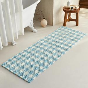 TYUU Waffle Runner Rug Bathroom, Long Boho Bathroom Rugs Non Slip Washable Absorbent Checkered Bathroom Mat Quick Dry Cute Bath Mat, 72"x24" Blue and White