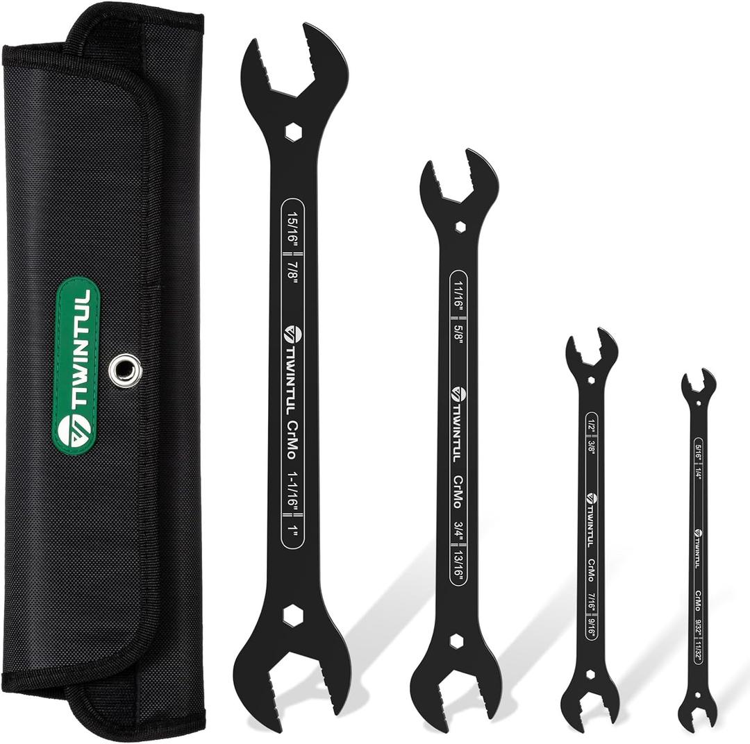 4-in-1 Super-Thin Open End Wrench Set, SAE, 4-Piece, 1/4", 5/16", 9/32", 11/32", 3/8", 1/2", 7/16", 9/16", 5/8", 11/16", 3/4", 13/16", 7/8", 15/16",1",1-1/16'',CR-MO Steel, with Rolling Pouch