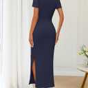 MEROKEETY Women's Summer Short Sleeve Maxi Dress Elegant Ruched Side Slit Formal Wedding Guest Cocktail Prom Dresses (Blue, L)