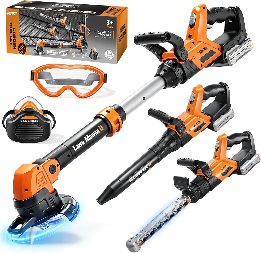 3-IN-1 Kids Garden Tools with Lights and Sounds, Weed Wacker Toy, Leaf Blower Toy, and Hedge Trimmer, Yard Tools Outdoor toys for Boys Pretend Role Play, Christmas Birthday Gifts for Kids 3,4,5,6,7,8+, Small
