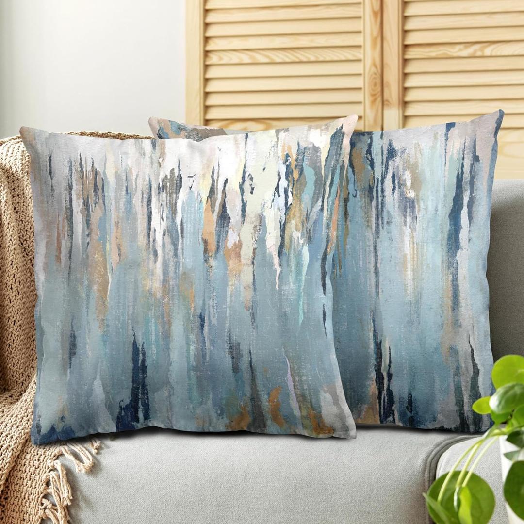 Abstract Pillow Covers 16x16 Set of 2 Modern Striped Abstract Throw Pillow Cover Grey Blue Pillow Cushion Cases Soft Comfortable Square Pillowcases for Sofa Couch Living Room Bedroom Office