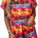 ALLTB Women's 2 Piece Outfits Hawaiian Tropical Print Open Front Button Down Short Sleeve Shirts Beach Boho Style Shorts Set (Orange, M)