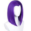 Half and Half Short Purple Anime Cosplay Wig Dark Purple Straight Bob Wigs + Red Gem + Wig Cap 14'' Synthetic Hair for Women Halloween Costumes Party