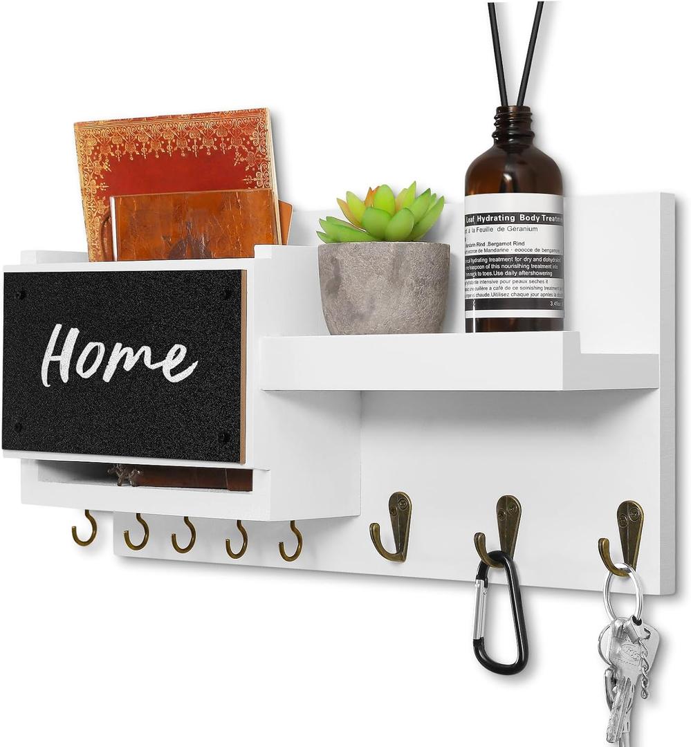 Decorative Key Hanging Rack with 8 Hooks  Easy Install Natural Wooden Key and Mail Holder for Wall Mount  Sunglasses Wallet Holder Entryway Decor with Shelf and Chalkboard (White)