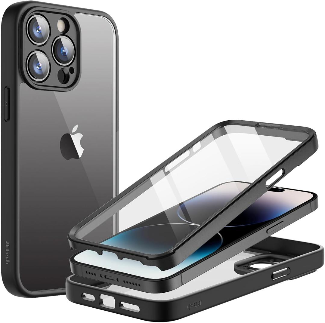 JETech Case for iPhone 14 Pro 6.1-Inch with Built-in Screen Protector Anti-Scratch, 360 Degree Full Body Rugged Phone Cover Clear Back (Black)