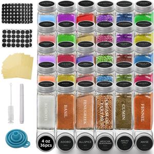 4 OZ Glass Spice Jars with Metal Caps, Glass Jars with Minimalist Farmhouse Spice Labels Stickers, Collapsible Funnel, Seasoning Storage Bottles for Spice Rack, Cabinet, Drawer (12)