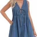 Women's Casual Summer Sleeveless Denim Romper Tie Front V Neck Ruffle Jean Short Overall With Pockets (Medium, Dark Blue)