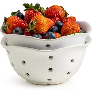 Gomakren Ceramic Berry Basket Set of 2, Elegant Fruit Basket Container 6 Inch, Fruit Bowl with Holes for Kitchen Counter, Berries, Strawberry, Grape, Cherry, Floral Shape - White
