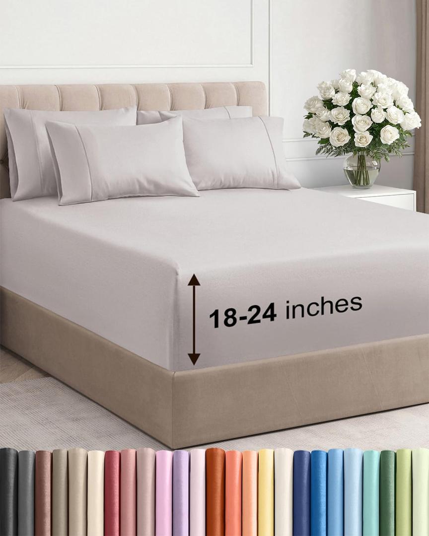 Extra Deep Full Sheet Set - 6 Piece Breathable and Cooling Sheets - Hotel Luxury Bedding for Women, Men, Kids & Teens - Easy & Secure Fit - Soft, Wrinkle Free & Comfy - Extra Deep Pockets - Light Grey