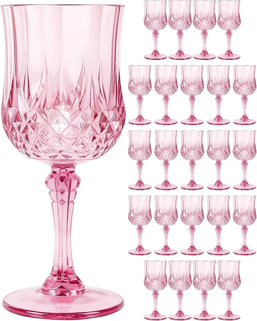 Plastic Wine Glasses Set, 7oz Vintage Goblets Shatterproof Unbreakable Reusable & Disposable, Drinking Glasses with Stem, for Wedding Outdoor Dinner Easter Party (24pcs, Pink)