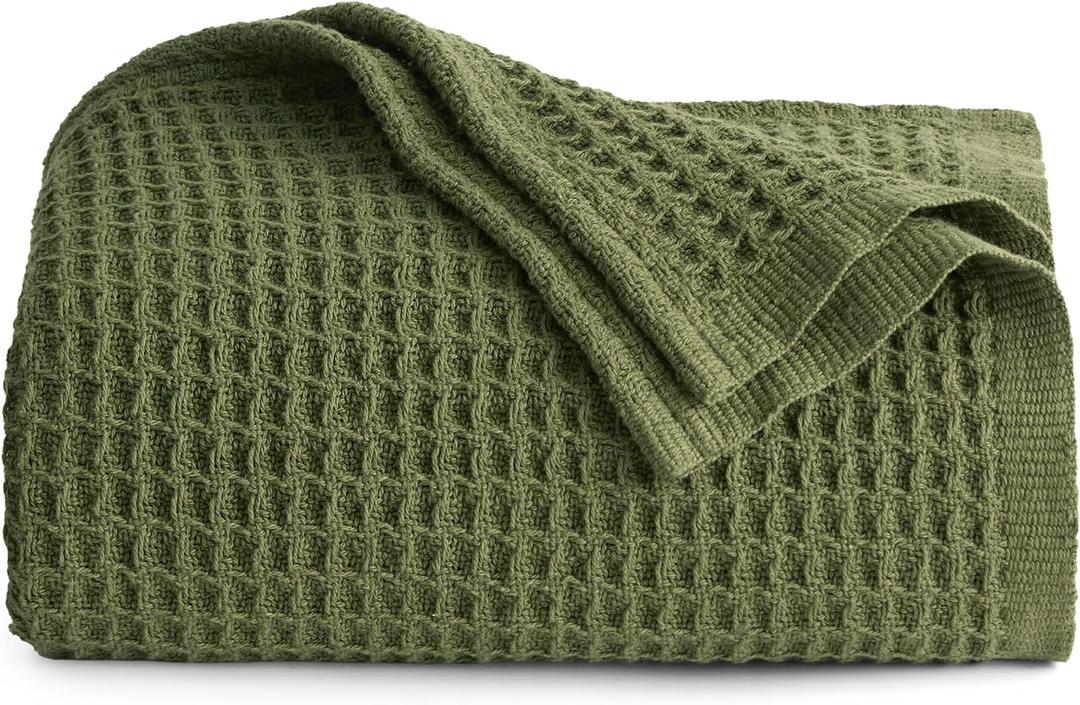 Bedsure 100% Cotton Blanket Twin XL Size for Bed - Breathable and Soft, Waffle Weave Blanket for Summer Spring, Olive Green, 66x90 inches