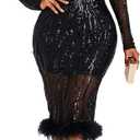 VERWIN Sequins Patchwork Bodycon Dress Women's Long Sleeve Dress Elegant Dress Plume Maxi Dress Party Dress (3X-Large, Black)