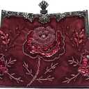 Vintage 1920s Beaded Evening Bag Pearl Clutch Bag for Women Sequin Handbag Bridal Wedding Purse Floral Shoulder Bag (Wine Red)