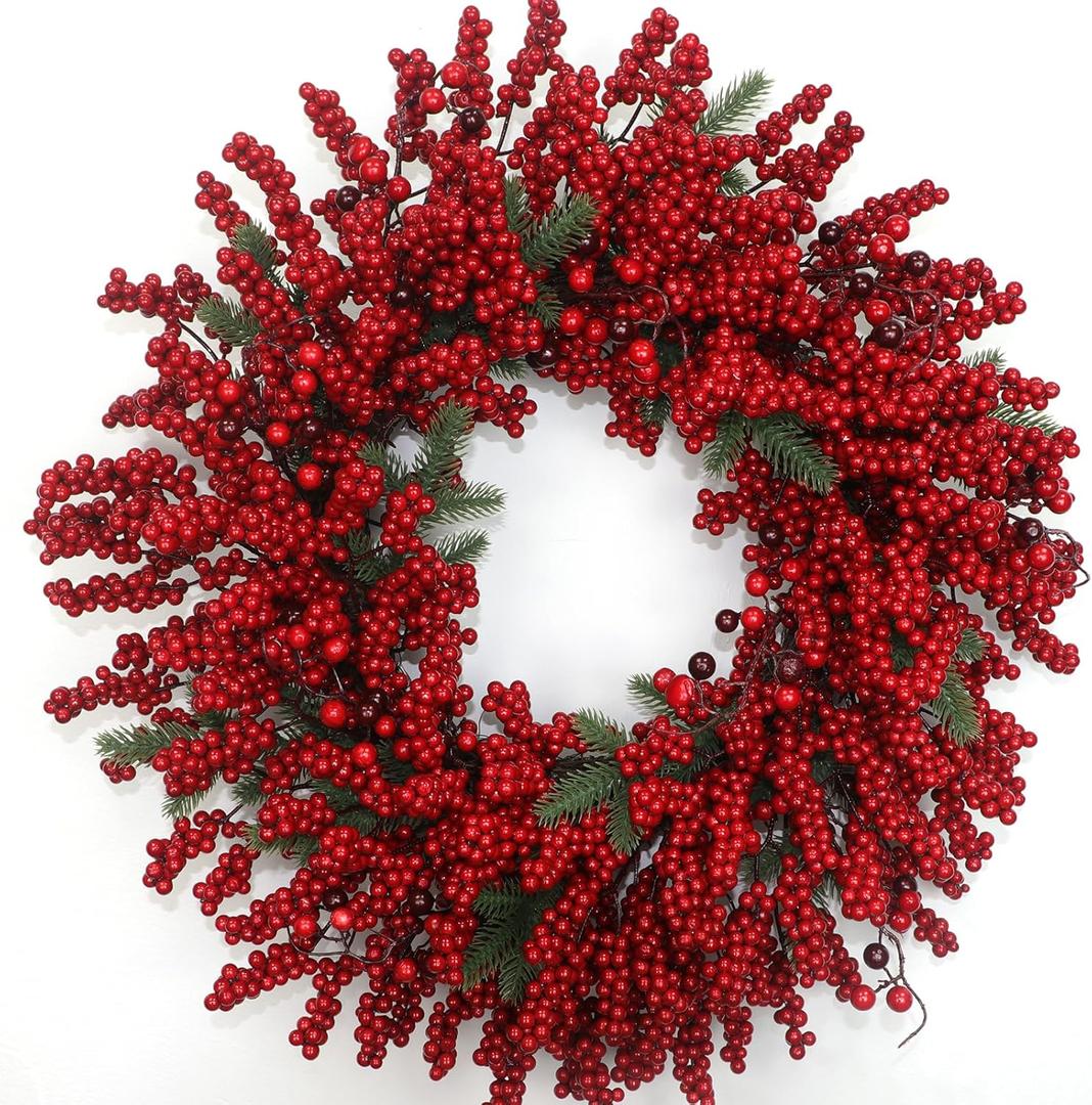 Christmas Wreath for Front Door 24 Inch Artificial Christmas Wreath, with Pine Needles, Red Berries Create a Warm Holiday Ambiance, for Indoor/Outdoor Christmas Holiday Decor(with Hook)