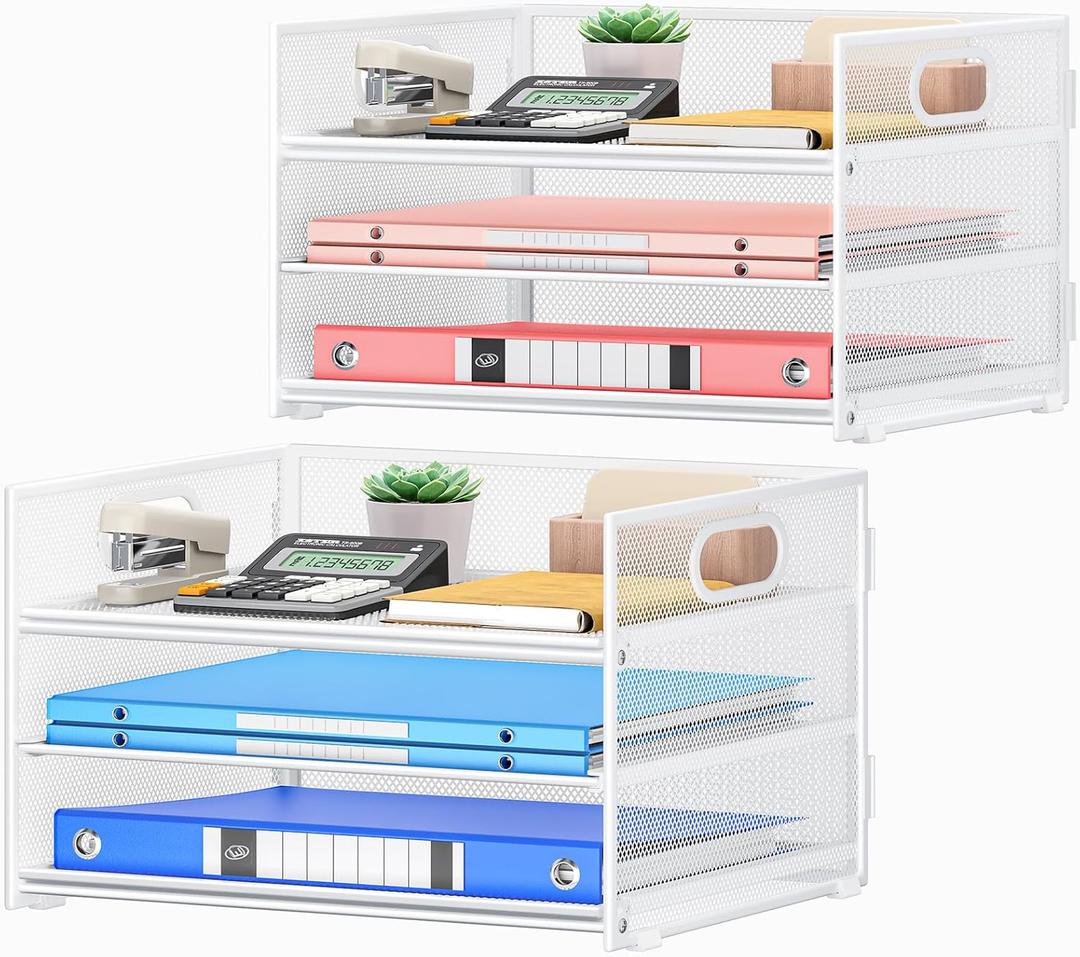 Subekyu 2-Pack 3-Tier White Metal Mesh Desk Paper Letter Tray & File Sorter Organizer with Handle + 1 Sliding Tray for Desk, Home, Office, School Supplies, A4 Paper and Accessories Storage (12.6" x 9.1" x 8.1")