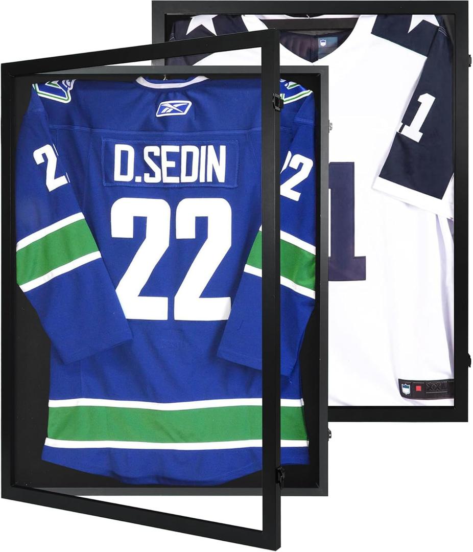 Jersey Frame Display Case 2 Pack - Large Sport Jersey Shadow Box with 98% UV Protection Acrylic and Hanger for Baseball Basketball Football Soccer Hockey Shirt and Uniform, Black Finish