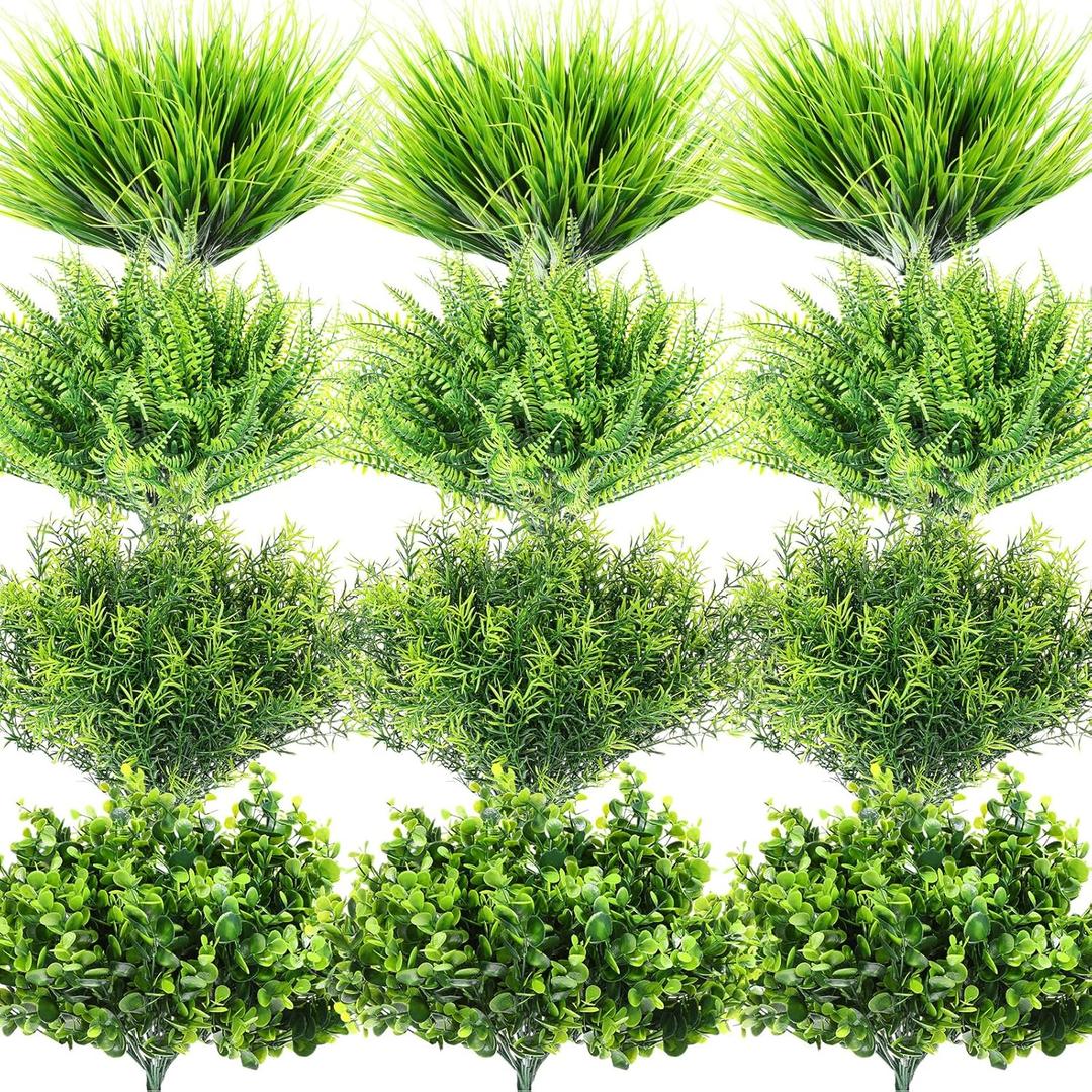 Zeyune 40 Bundles Artificial Grass Plants Outdoor UV Resistant Faux Grass Fake Bushes Plastic Greenery Shrubs Bulk Arrangement for House Outdoor Indoor Decoration Front Porch Window (Lifelike)