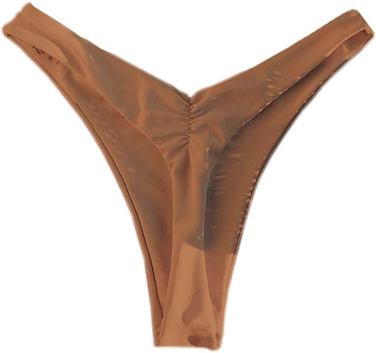 YELAIVP Women's Ruched Back Bikini Bottoms High Cut Bathing Suit Bottoms Cheeky Thong Swimsuit Bottom (Large, 886_brown)