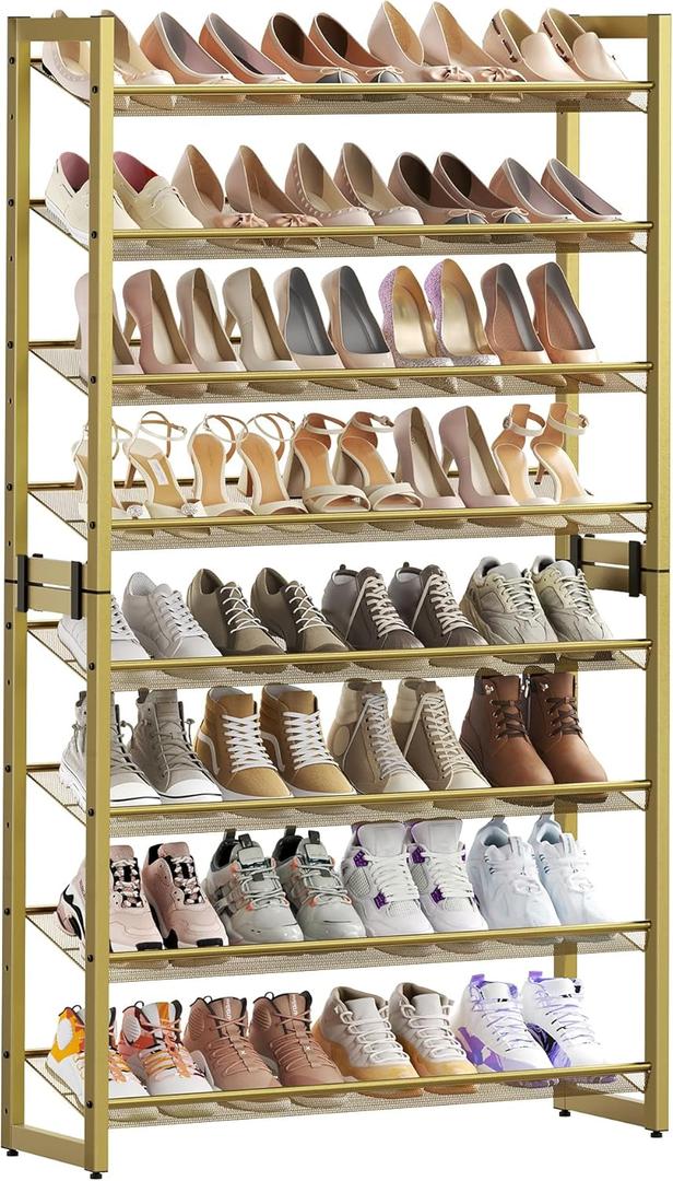 SONGMICS Shoe Rack, 8-Tier Shoe Organizer, Metal Rack for Garage, Set of 2, 4-Tier Stackable Shelf, with Adjustable Flat or Angled Shelves, 32-40 Pairs, Pale Gold ULMR08A02