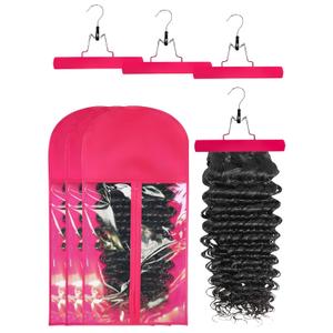 3 Pcs Hair Wig Extension Storage Bag, Hair Extensions Holder with Hanger, 11.4 * 23.6 inches, Portable Wig Bags Storage with Transparent Zipper Closure (Rose)