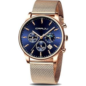 CRRJU Men's Fashion Casual Watches Auto Date Chronograph Watch Men Nice Work Watches Waterproof 30M Full Steel Quartz with Mesh Strap (Rose Blue)