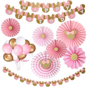 38pcs Minnie party supplies Decor Pink and Gold Minnie Paper Fans Minnie Garland Minnie Happy Birthday Banner Balloons for Girls 1st 2nd 3rd Birthday Decor
