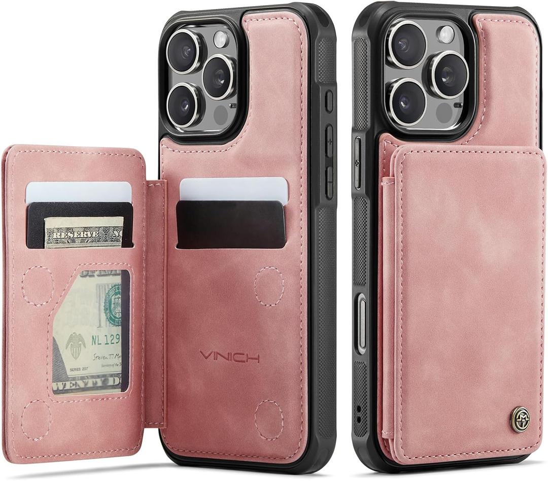 Vinich for iPhone 16 Pro Max Wallet Case with Card Holder, RFID Blocking Credit Slots Kickstand Shockproof Phone Cover Fit for iPhone 16 Pro Max 6.9" Rose Pink
