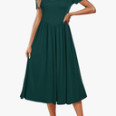 Newshows Women's Summer Square Neck Ribbed Knit Short/Long Sleeve A Line Flowy Midi Dress with Pockets, S