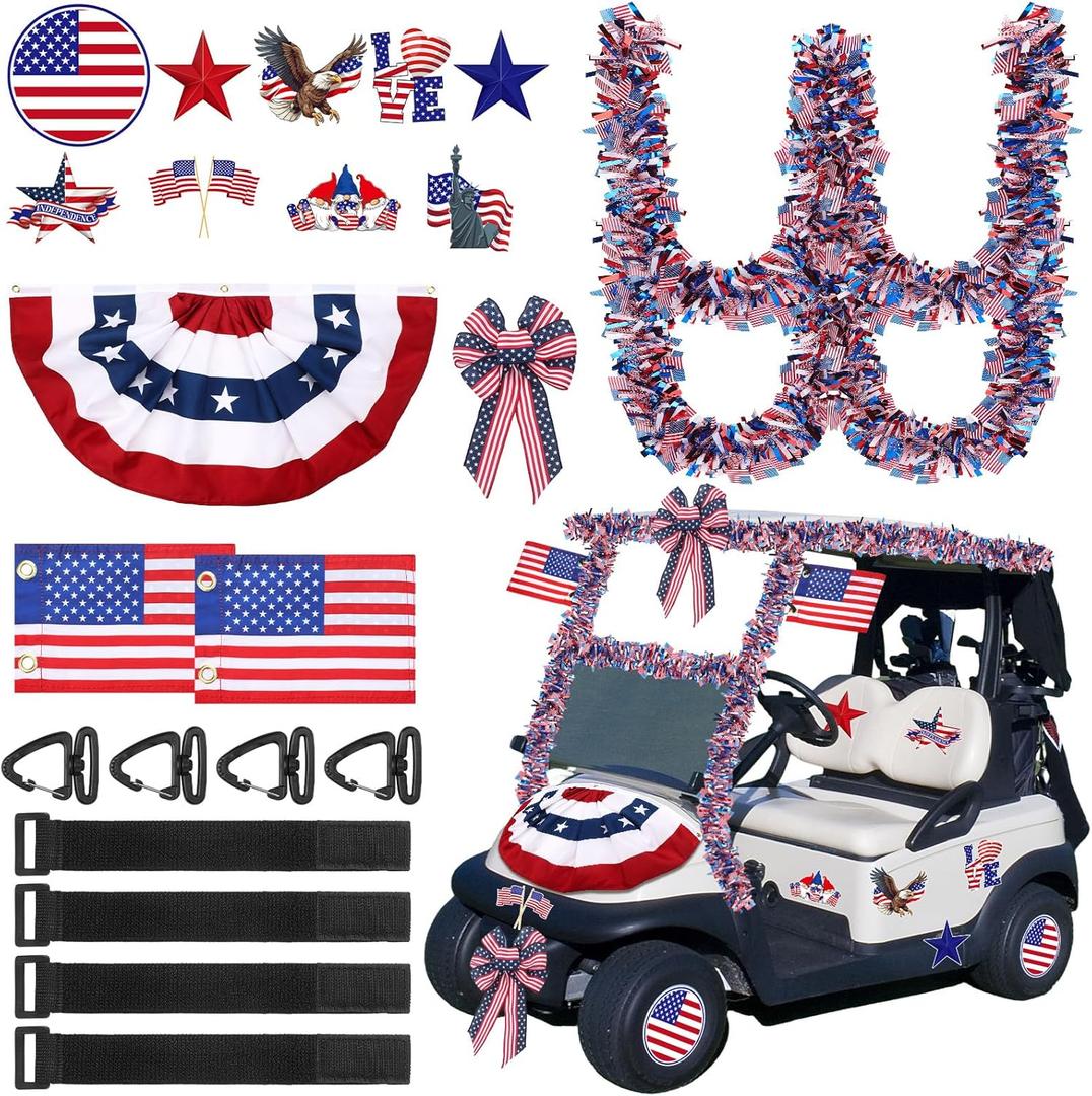 18 Pcs 4th of July Parade Golf Cart Decorations Independence Day Parade Bunting Flag Golf Cart Flags with Elastic Strap Bracket Tinsel Garland Golf Cart Stickers for Memorial Day Party Decor