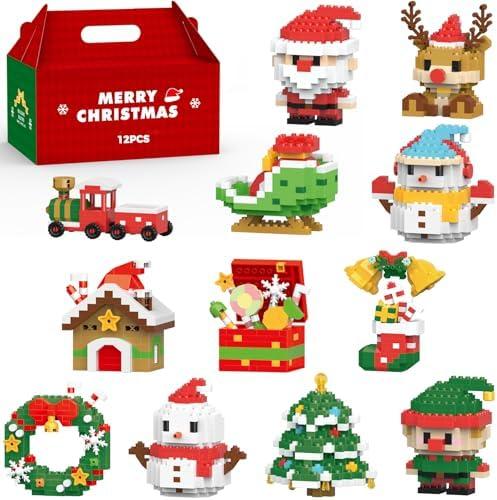 Moizoe 12 in 1 Christmas Micro Building Blocks Set, Santa Claus Reindeer Snowman Tree Mini Building Toys, Christmas Stocking Stuffers, Fun Family Christmas Birthday Gift Idea