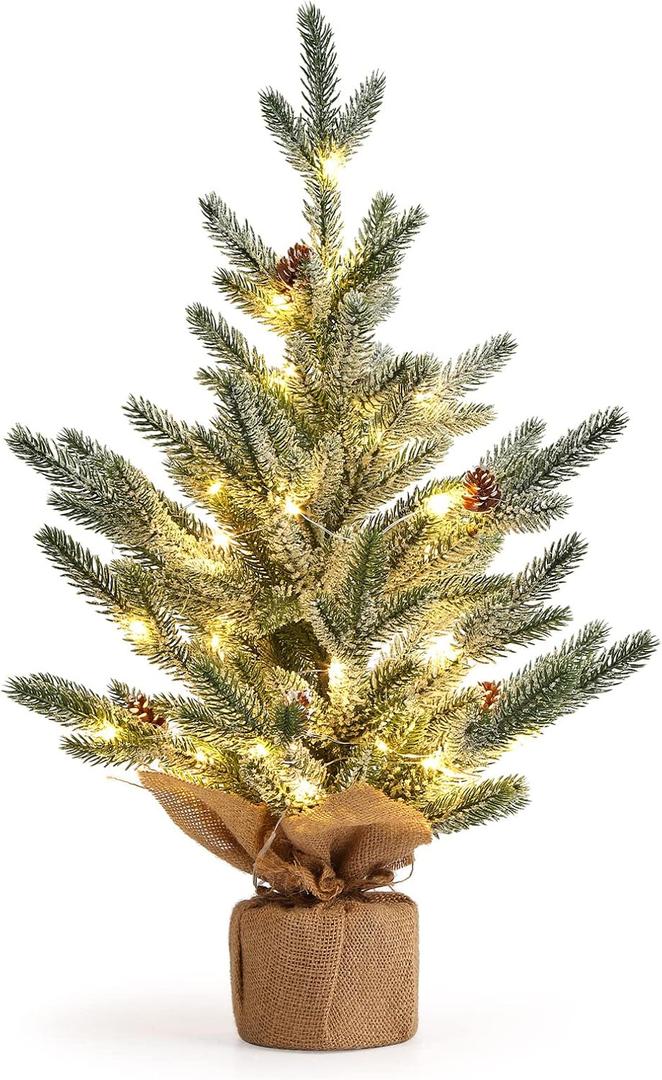 LinTimes 24 Inch Table Top Small Christmas Tree with 50 LED Lights, Prelit Mini Christmas Tree Frosted Pine Tree with Red Berries for Home Table Centerpiece Dining Room Office Desk Decorations (Green)