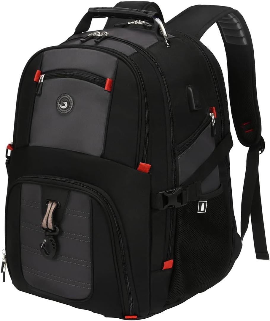 SHRRADOO Extra Large 50L Travel Laptop Backpack with USB Charging Port, College High School Backpack Airline Approved Business Work Bag Fits 17 Inch Computer for Men Women (Grey)
