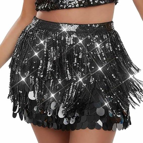 TWINKLEDE Sparkly Mermaid Sequin Skirt Fringe Belly Dance Skirts for Women