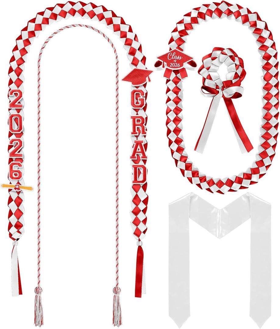 Canlierr 18 Pcs 2026 Graduation Leis and Stole and Honor Cords with Tassel Braided Necklace Adjustable for Student Graduation Gifts Party Supplies(Red and White)