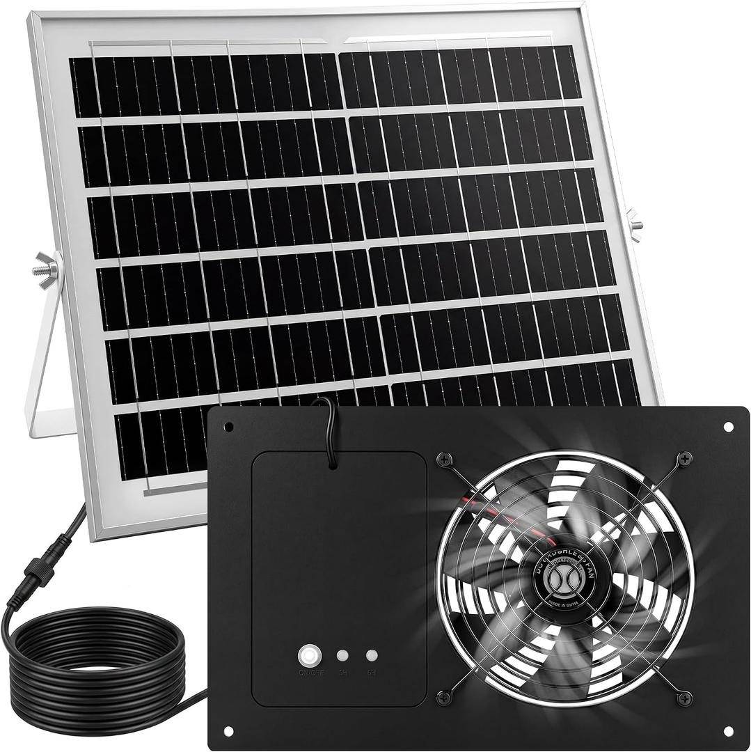 ropelux Solar Exhaust Fans with 24/7 Operation and 2 Timers, Single Fan Solar Powered Exhaust Fans, Airflow Cooling Ventilation, for Chicken Coop, Greenhouses, Dog Houses, Attics, Sheds, Cabins
