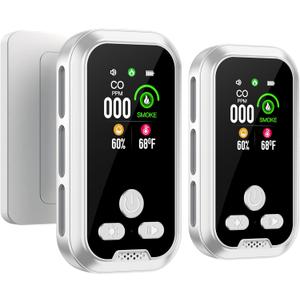 2-Pcs 4IN1 Plug in Smoke & Carbon Monoxide Detector Combination Builti-in 2000 mAh Backup Battery HD Screen [Smoke CO Temp Humidity Sensor] Alarm for Home Travel Hotel Indoor (White)