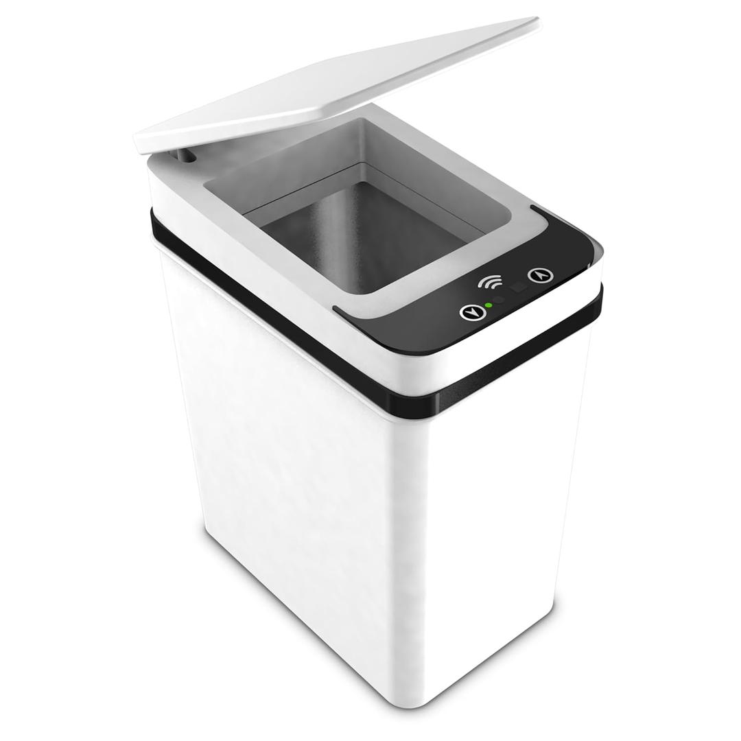 Pure Flower Home 12L Small Automatic Trash Can with Lid, Waterproof Touchless Motion Sensor Waste Bin for Bathroom, Bedroom, Office (White)