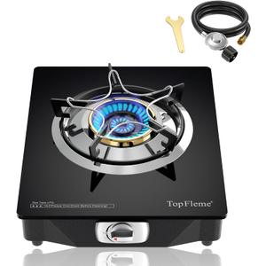 1 Burner Propane Stove 13,600 BTU High-Efficiency Tempered Glass Auto-Ignition Gas Burner Stove Top with CSA Hose for Outdoor RV Camping Emergency Cooking