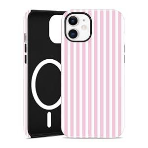 Jusy Compatible with MagSafe Striped Phone Case for iPhone 12/12 Pro, Cute Aesthetic Magnetic Soft TPU and Hard PC Protective Phone Cover for Women Girls (Matte) - Pink and White