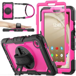 SEYMAC stock Case for Samsung Galaxy Tab A9 8.7'', Full-Body Drop Protection Case with Screen Protector Pencil Holder [360 Rotating Hand Strap] &Stand, Pink+Black