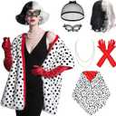 Halloween Costumes for Women Adult - 2025 Halloween Cosplay Costumes Set, Black and White Dalmatian Costume with Shawl Gloves Wigs Mask Pearl Necklace Set for Women Girls Halloween Party Supplies